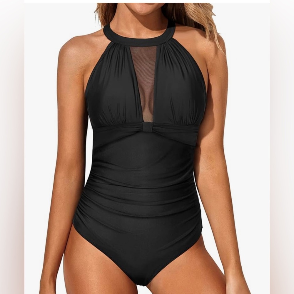 One Piece Swimsuit High Neck Tummy Control Bathing Suits Halter Mesh Swim Suit